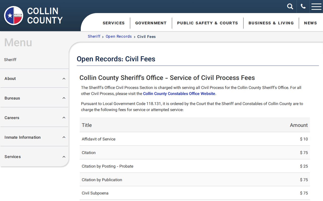 Collin County arrest record and sheriff public information fee schedule