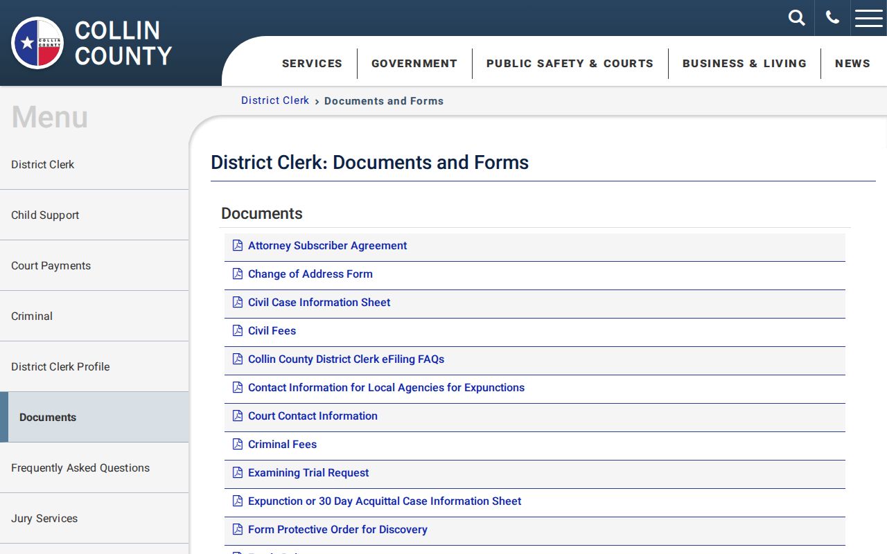 Collin County criminal record request form from the District Clerk
