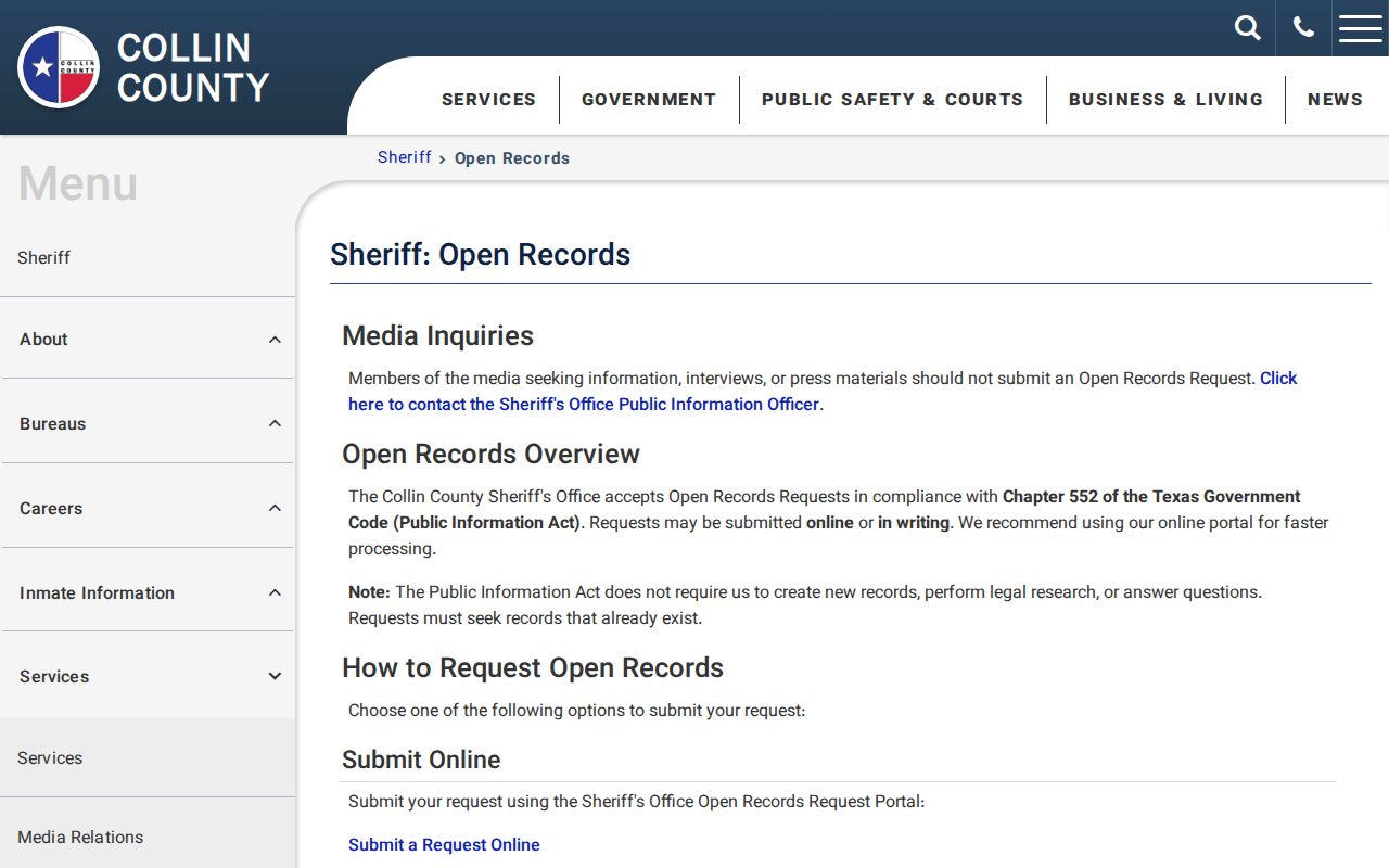 Collin County criminal record request routes at the sheriff