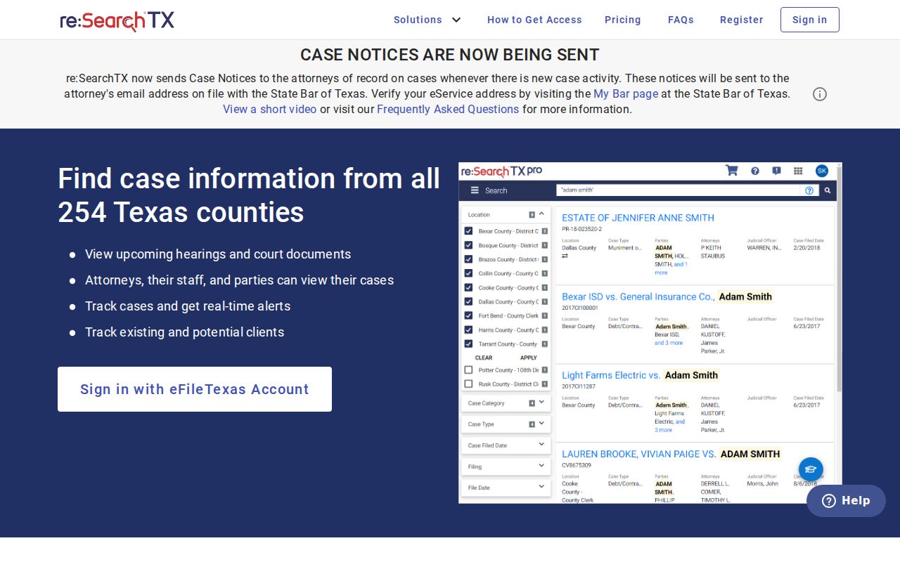 Collin County criminal court case research through the re:SearchTX landing page