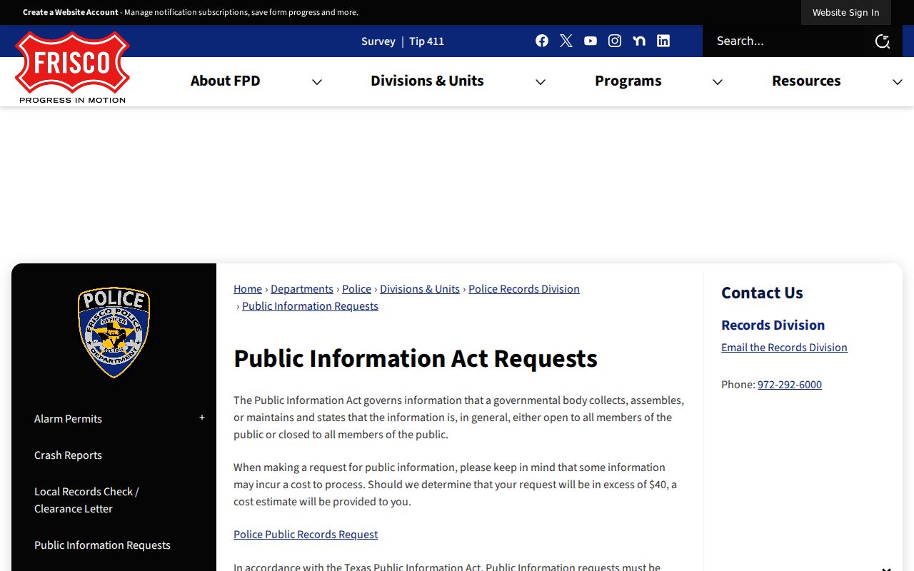 Frisco criminal records written police request page