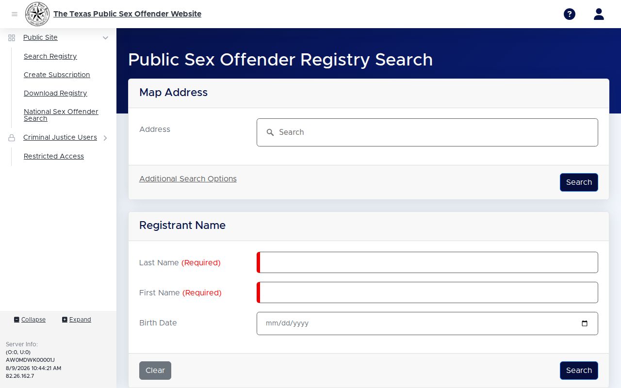 Texas DPS registry search fields for a Collin County sex offender check